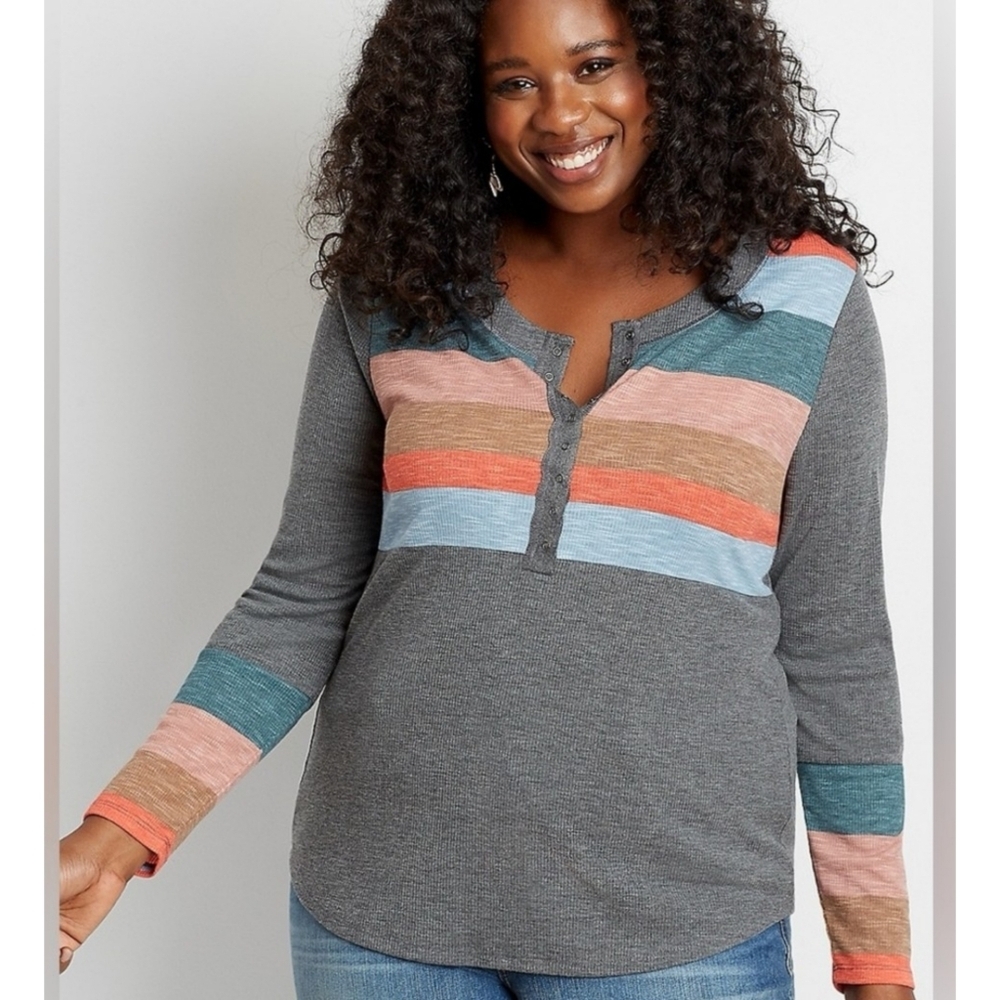 Maurices Long Sleeve Striped Henley Fitted Tee Gray Size S